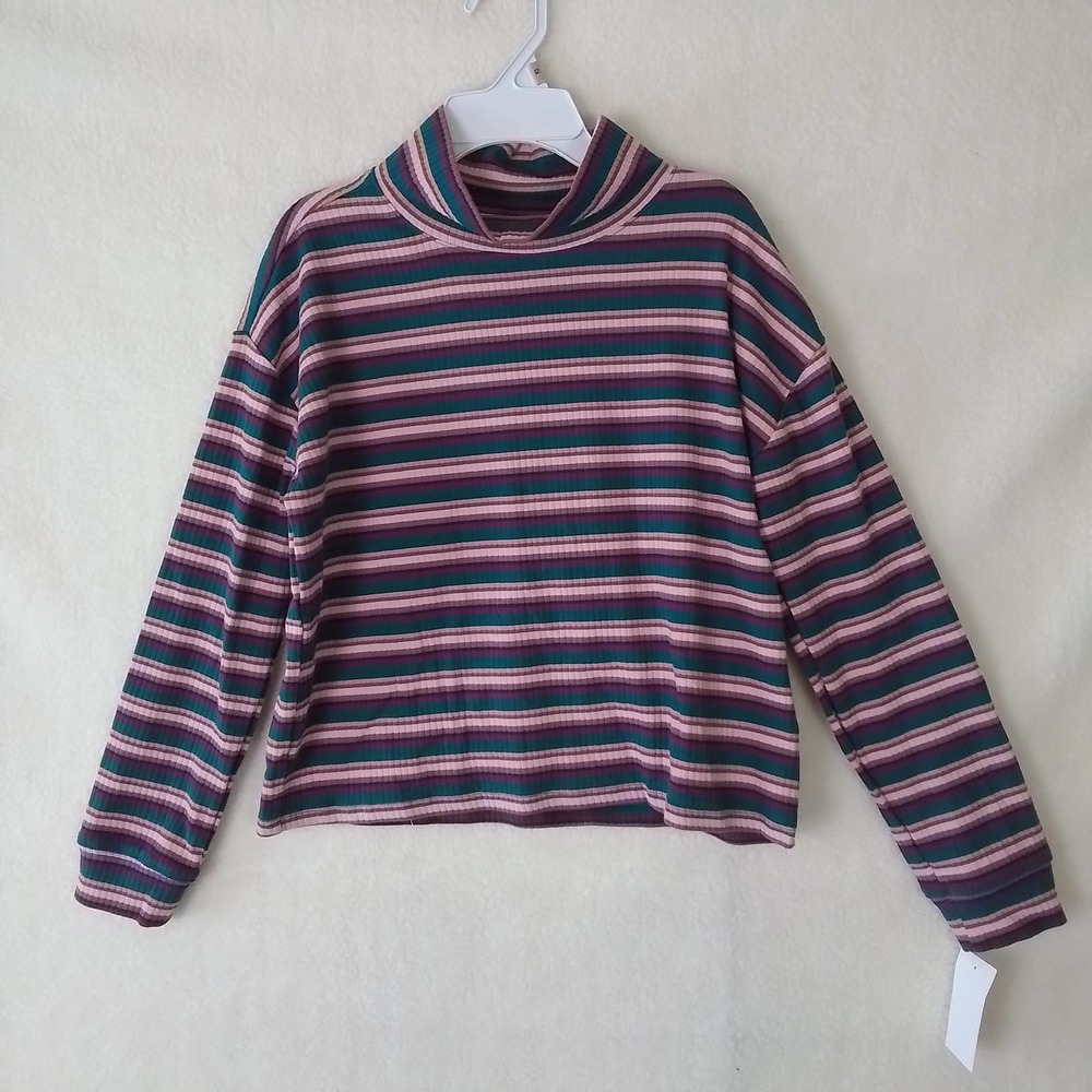 OshKosh High Waist Mock Neck Ribbed Top Size 12 Pink, Tan,‎ Teal Stripes